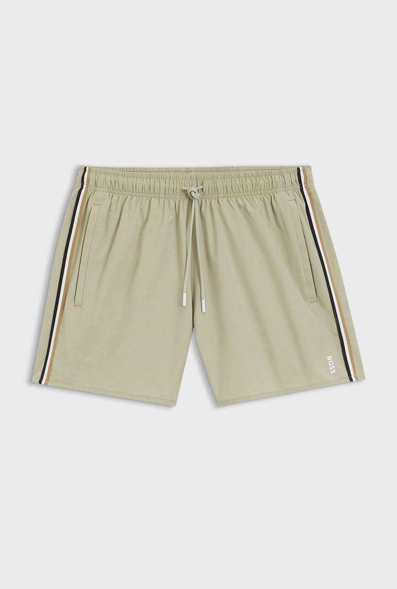 Front image of Boss iconic swimshorts in beige, by brand Boss