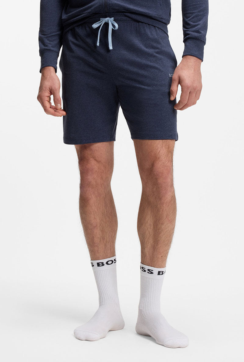 Front image of a model wearing Boss mix & match shorts in navy, by brand Boss