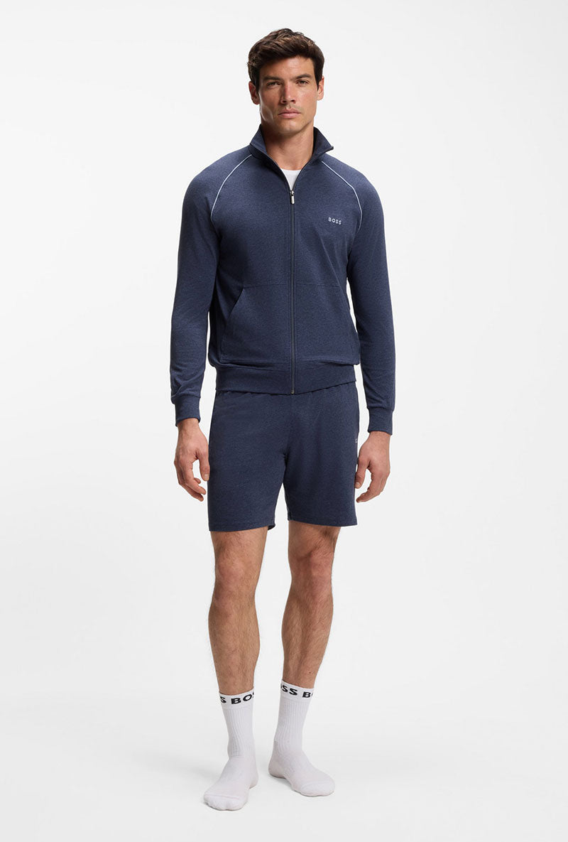 Front image of a model wearing Boss mix & match shorts in navy, by brand Boss