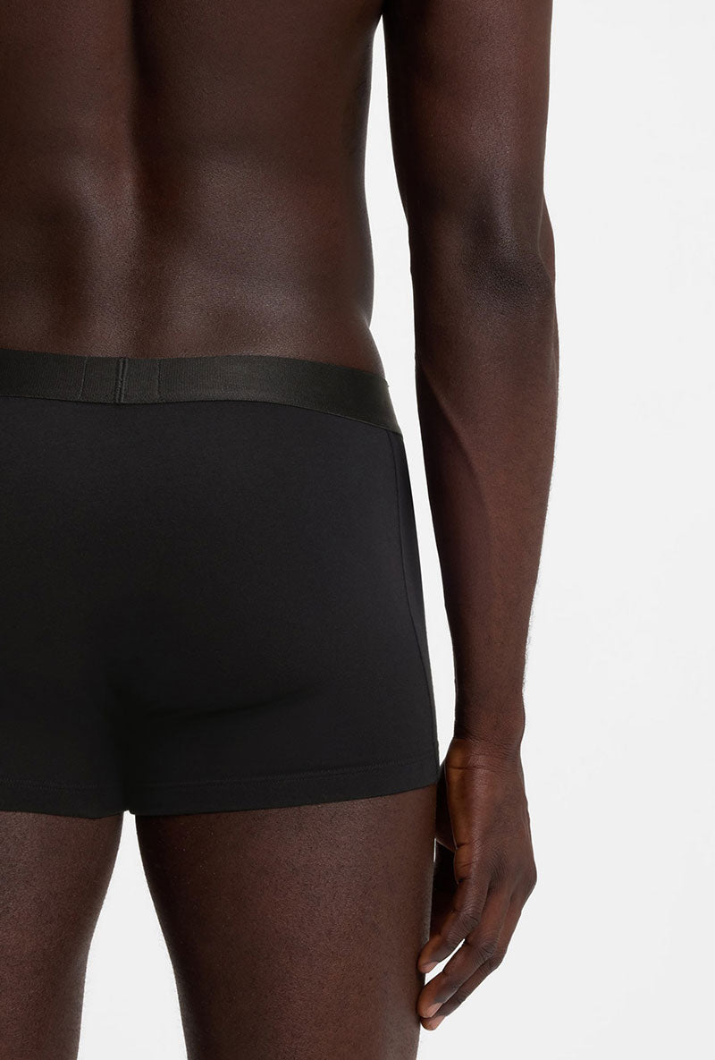 Back detailed image of a model wearing Boss one 3pk trunks in black, by brand Boss