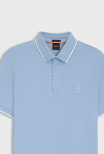 Front detail image of the Boss passertip polo in light blue, by brand Boss