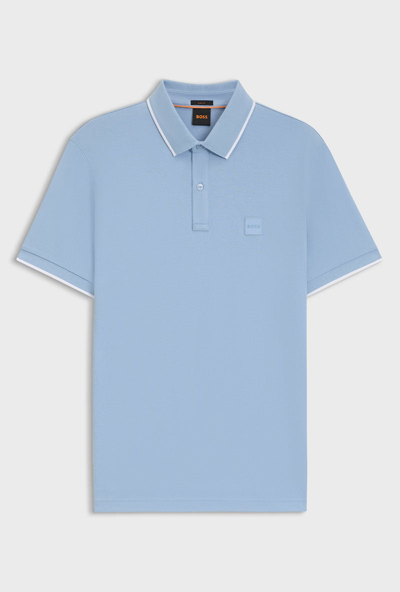 Front image of Boss passertip polo in light blue, by brand Boss