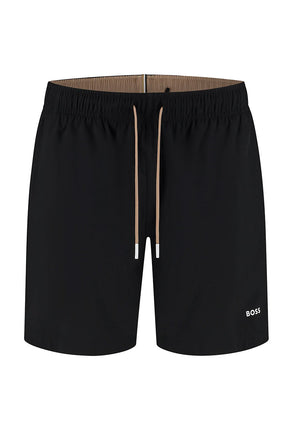 Front image of Boss tio swimshorts in black, by brand Boss