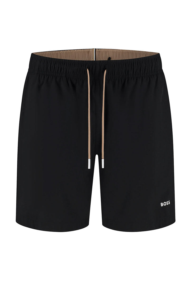 Front image of Boss tio swimshorts in black, by brand Boss