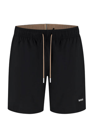 Front image of the Boss tio swimshorts in black, by brand Boss