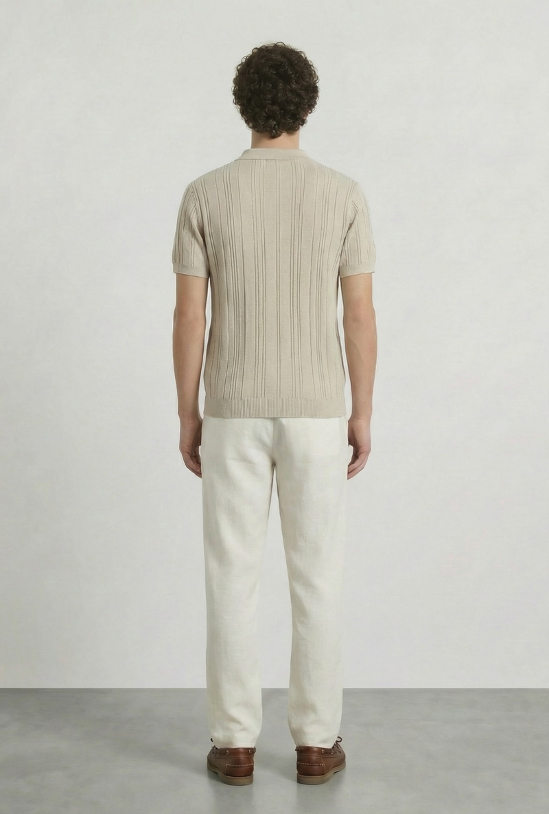 Back image of a model wearing Deep colin zip polo in beige, by brand Deep