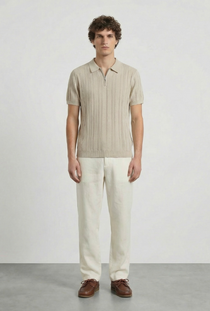 Front image of a model wearing the Deep colin zip polo in beige, by brand Deep