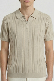 Front detail image of a model wearing the Deep colin zip polo in beige, by brand Deep