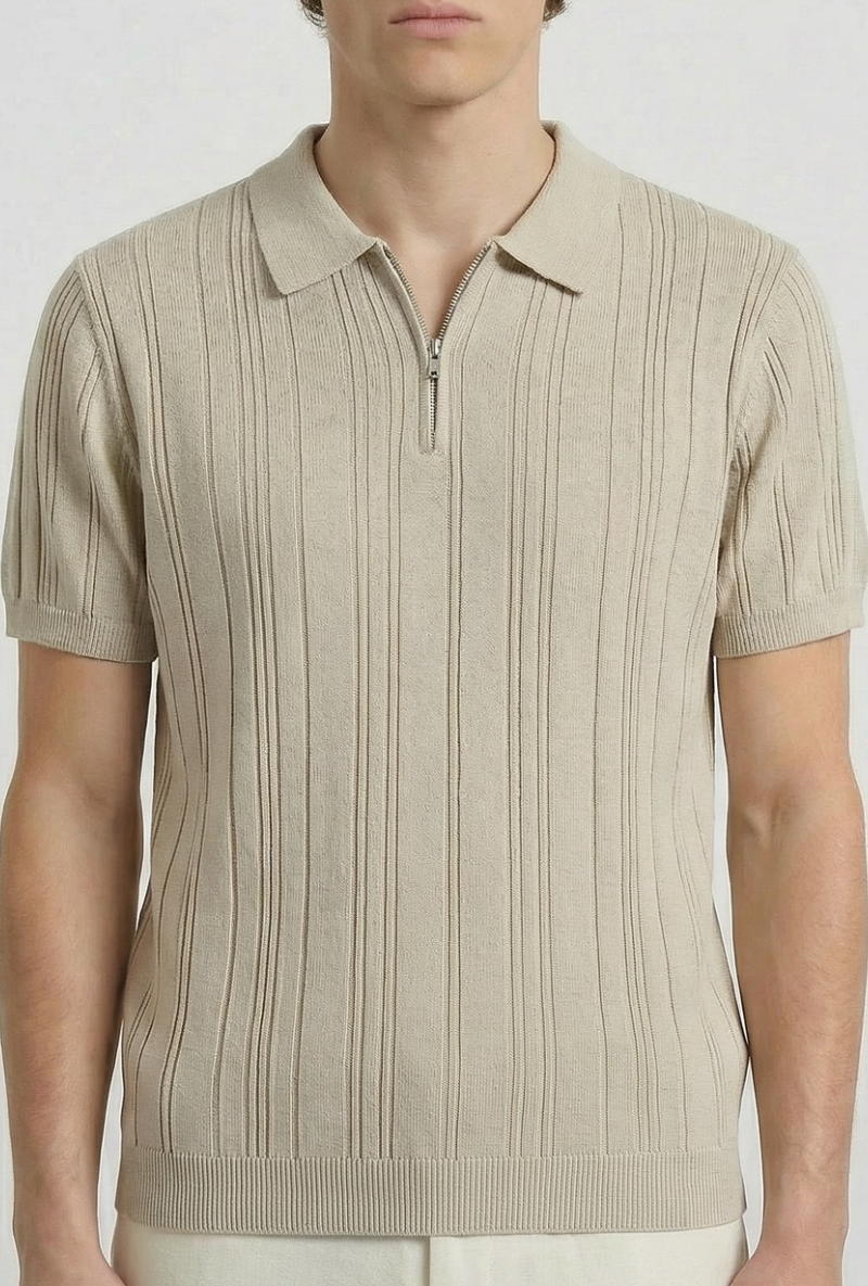 Front detail image of a model wearing Deep colin zip polo in beige, by brand Deep