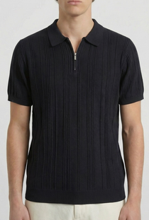 Front detail image of a model wearing the Deep colin zip polo in black, by brand Deep