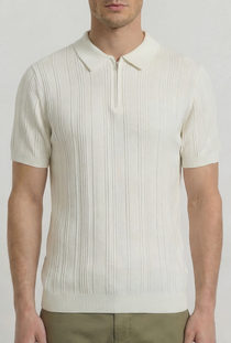 Front detail image of a model wearing the Deep colin zip polo in white, by brand Deep