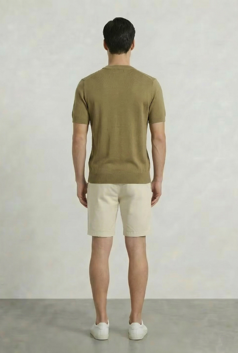 Back image of a model wearing Deep connor round neck knit in khaki, by brand Deep