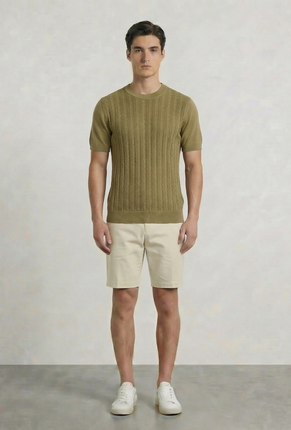 Front image of a model wearing Deep connor round neck knit in khaki, by brand Deep