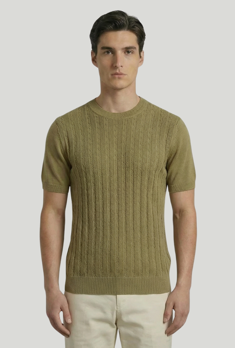 Front image of a model wearing Deep connor round neck knit in khaki, by brand Deep