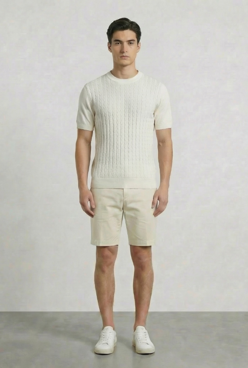Front image of a model wearing Deep connor round neck knit in white, by brand Deep