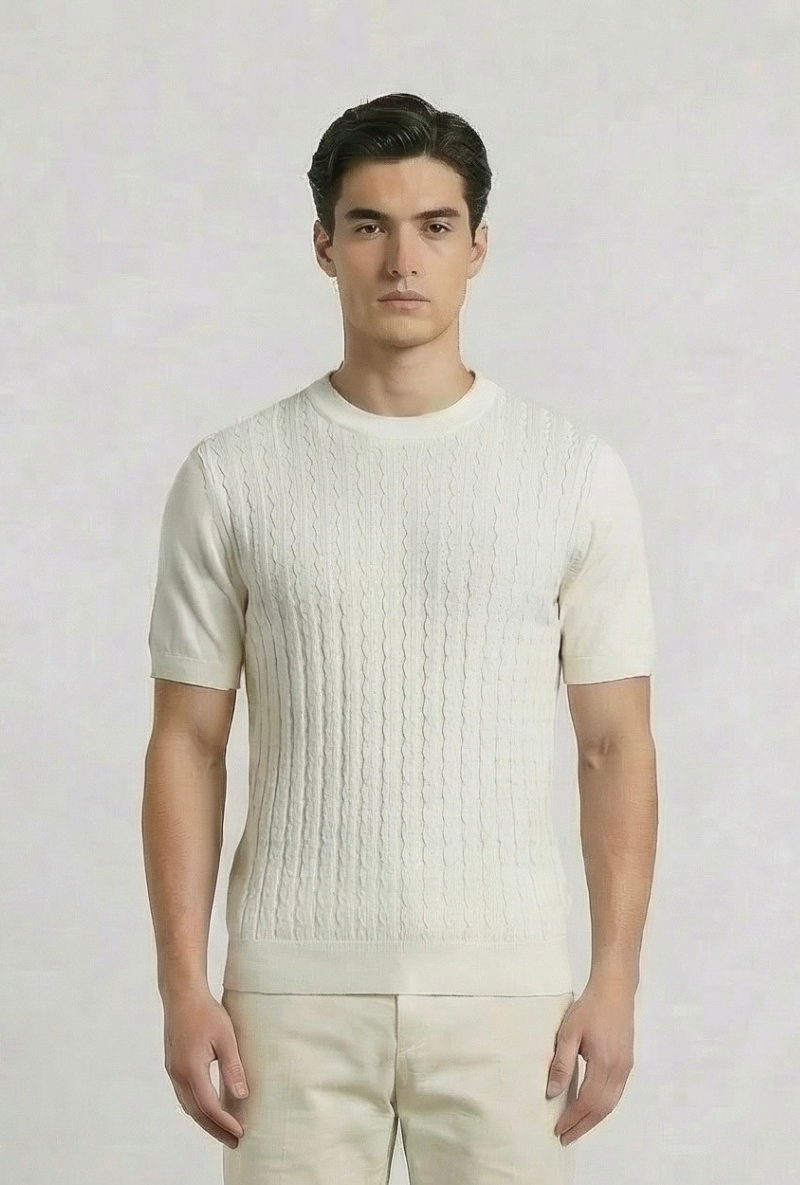Front image of a model wearing Deep connor round neck knit in white, by brand Deep