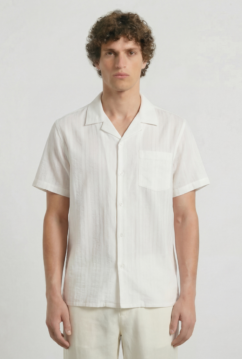 Front image of a model wearing Deep fusion resort shirt in white, by brand Deep