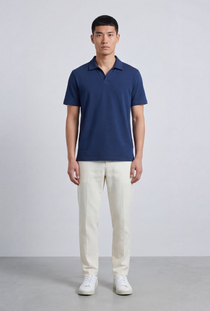 Front image of a model wearing the Deep leroy polo in navy, by brand Deep
