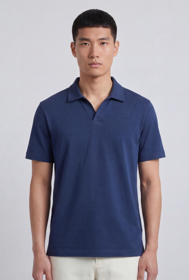Front image of a model wearing Deep leroy polo in navy, by brand Deep
