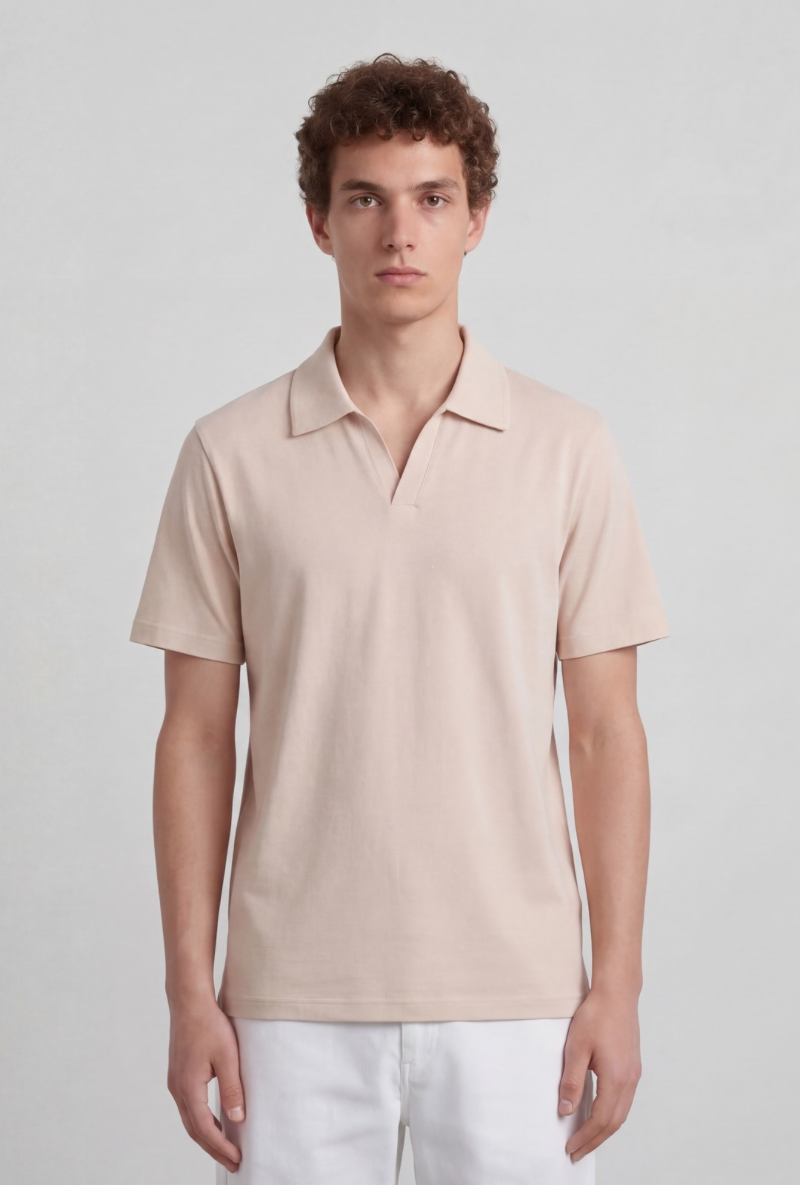 Front image of a model wearing Deep leroy polo in peach, by brand Deep