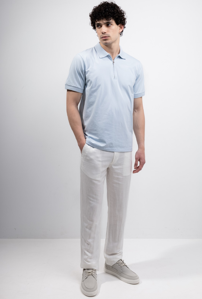 Front image of a model wearing Deep premium polo in blue, by brand Deep