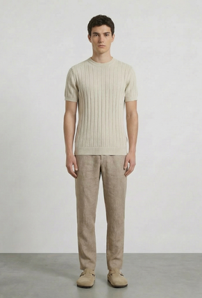 Front image of a model wearing Deep rex crew neck rib knit in beige, by brand Deep