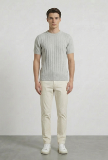 Front image of a model wearing the Deep rex crew neck rib knit in light grey, by brand Deep