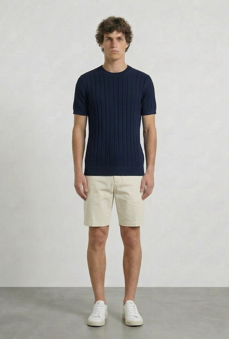 Front image of a model wearing Deep rex crew neck rib knit in navy, by brand Deep