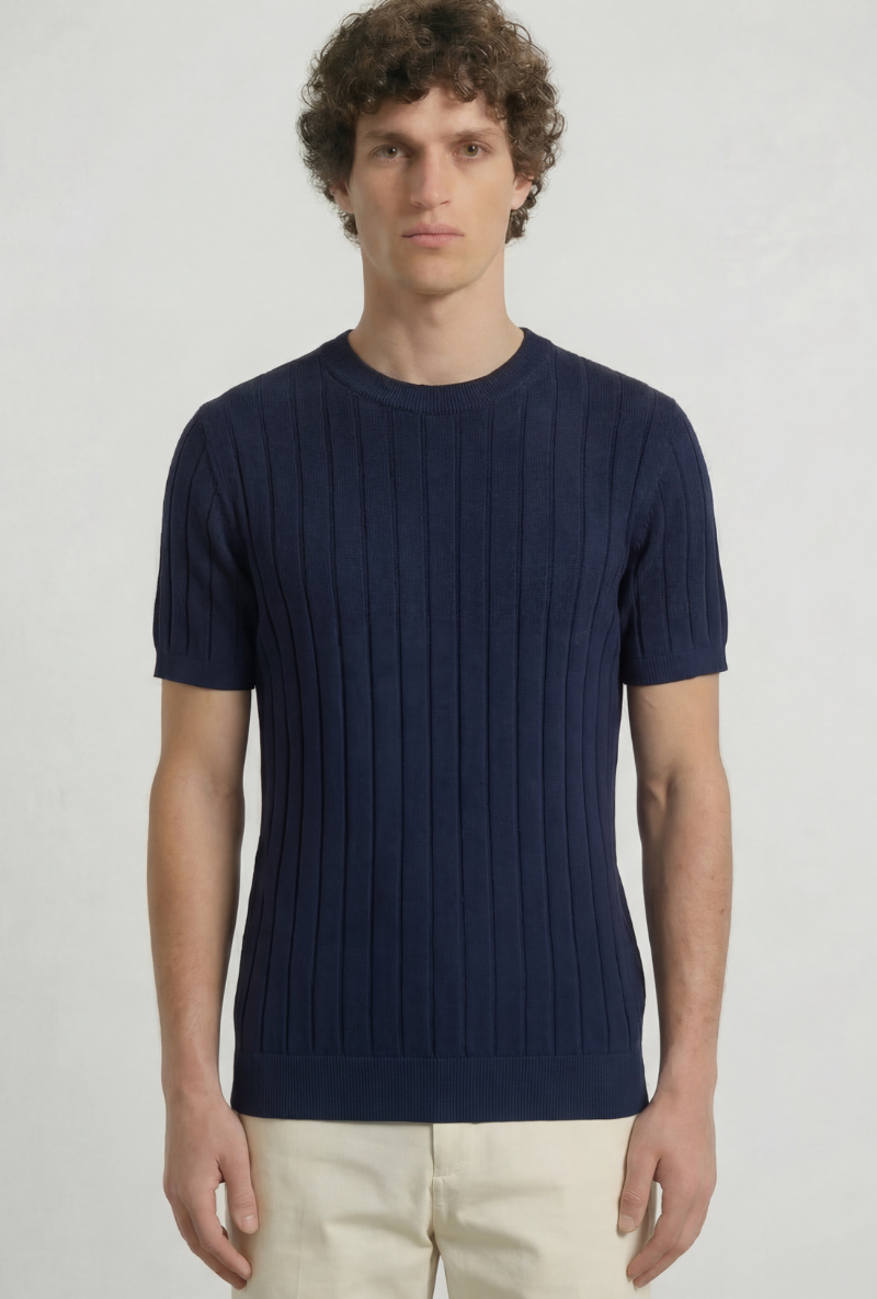Front image of a model wearing Deep rex crew neck rib knit in navy, by brand Deep
