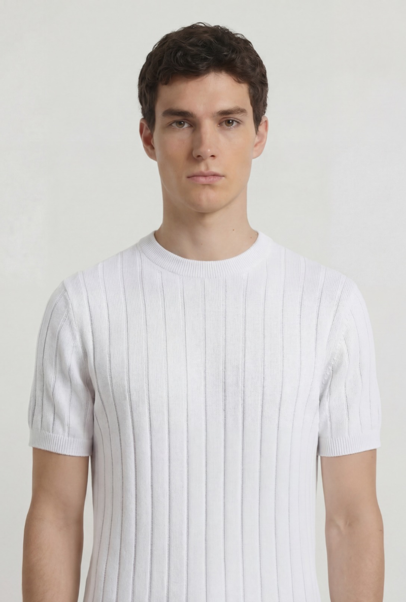 Front image of a model wearing Deep rex crew neck rib knit in white, by brand Deep