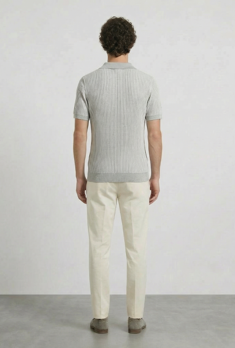 Back image of a model wearing Deep riley stripe polo in grey, by brand Deep