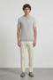 Front image of a model wearing Deep riley stripe polo in grey, by brand Deep