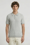 Front image of a model wearing the Deep riley stripe polo in grey, by brand Deep