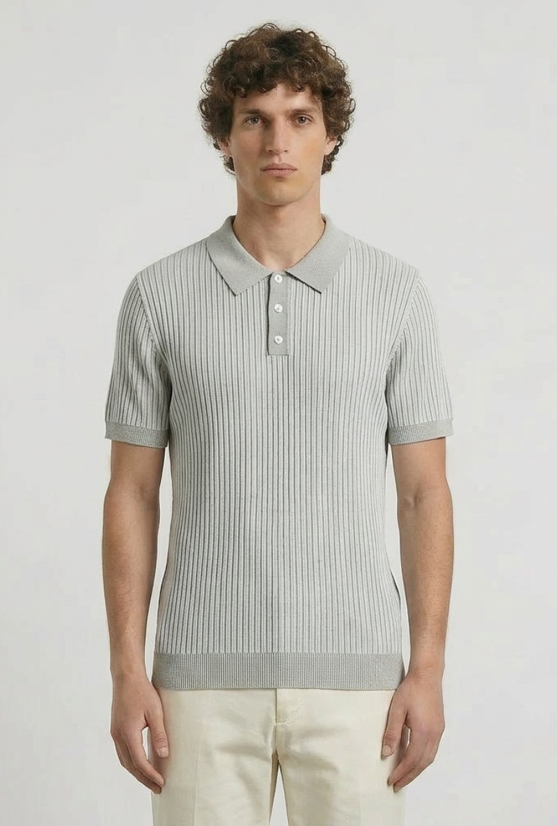 Front image of a model wearing Deep riley stripe polo in grey, by brand Deep