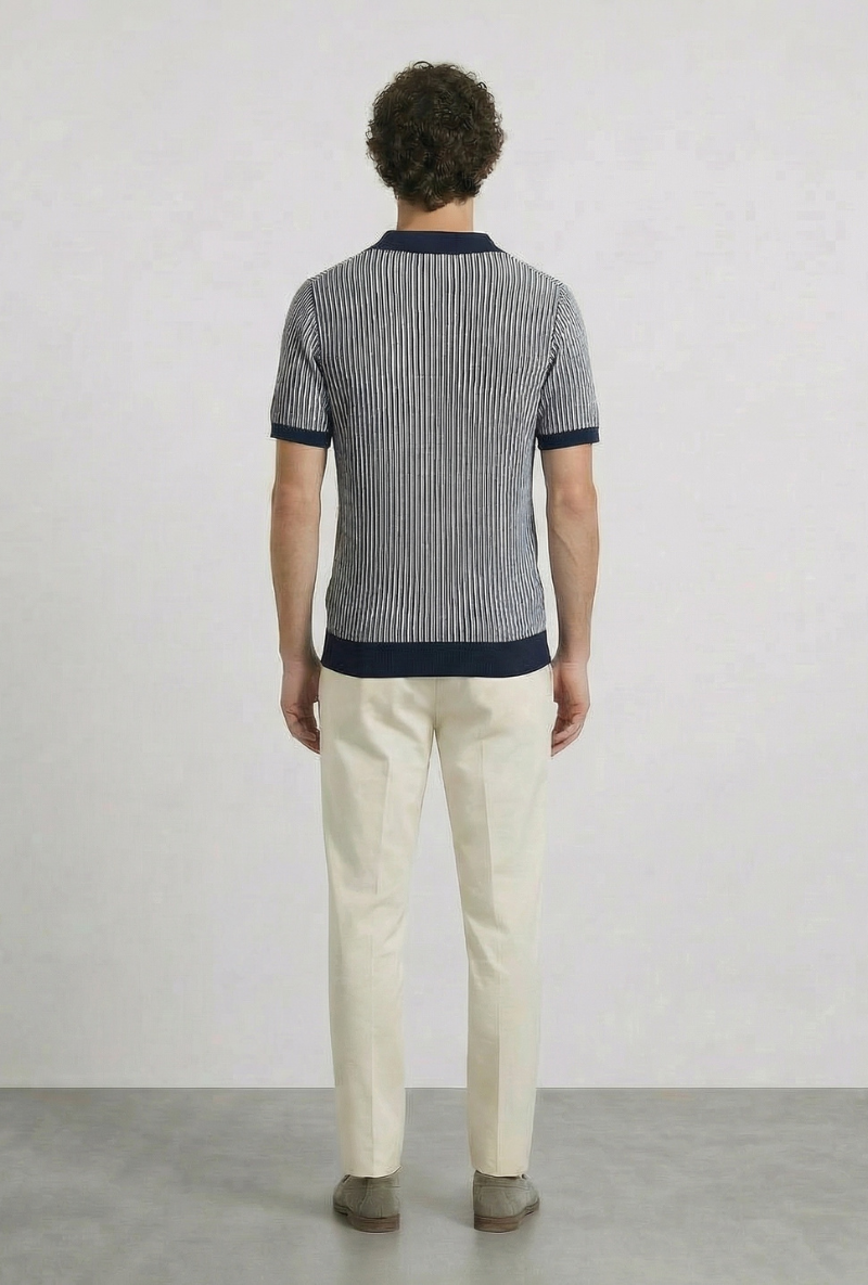 Back image of a model wearing Deep riley stripe polo in navy, by brand Deep
