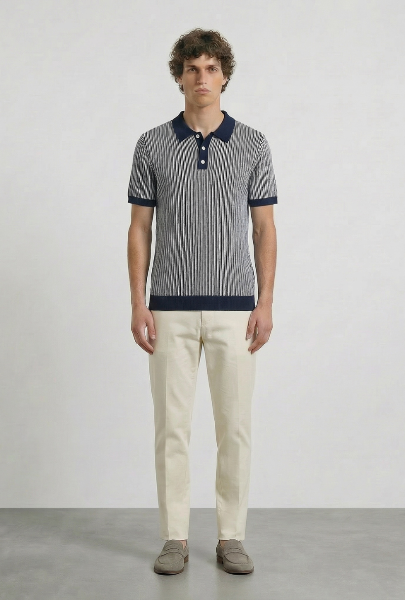 Front image of a model wearing Deep riley stripe polo in navy, by brand Deep