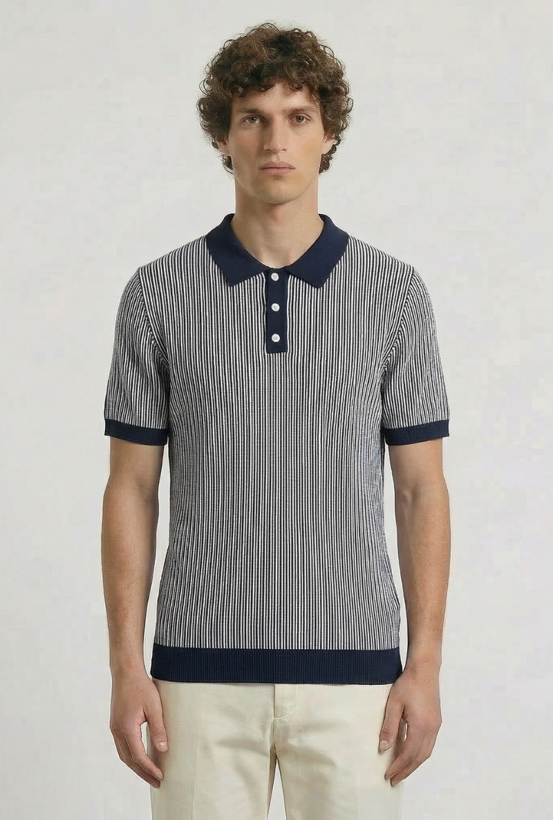 Front image of a model wearing Deep riley stripe polo in navy, by brand Deep