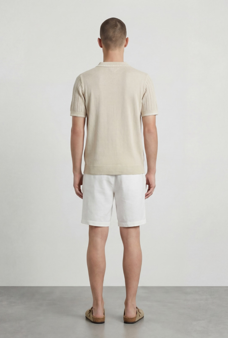 Back image of a model wearing Deep river button knit polo in beige, by brand Deep