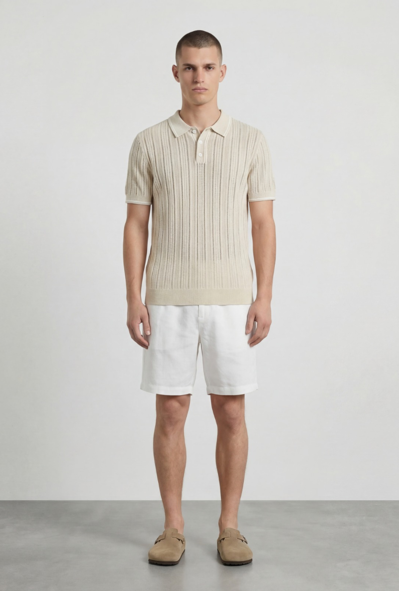 Front image of a model wearing Deep river button knit polo in beige, by brand Deep