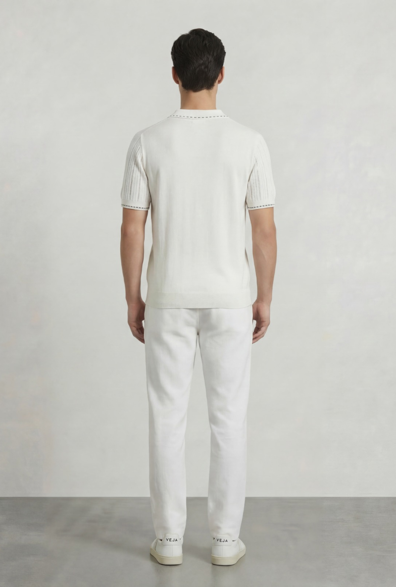 Back image of a model wearing Deep river button knit polo in white, by brand Deep