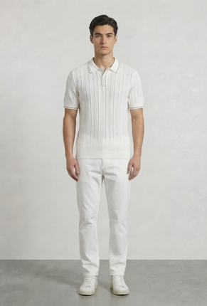Front image of a model wearing Deep river button knit polo in white, by brand Deep