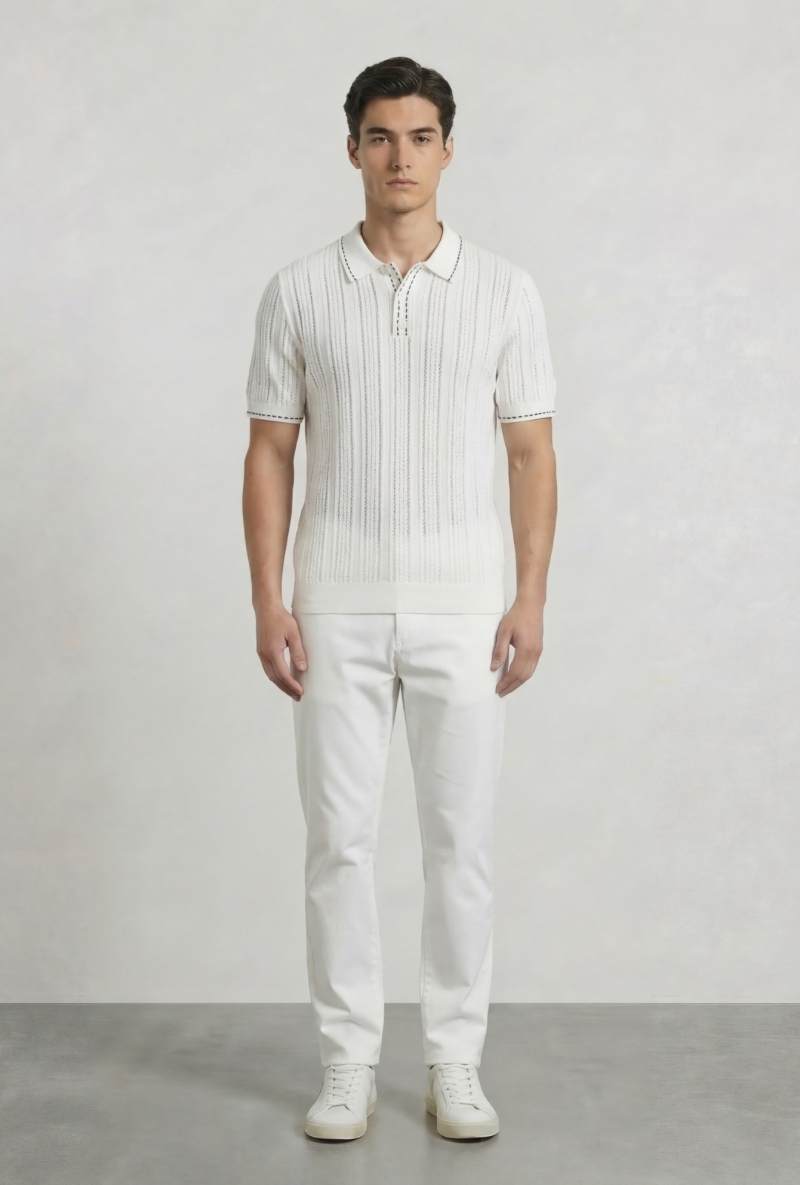 Front image of a model wearing Deep river button knit polo in white, by brand Deep