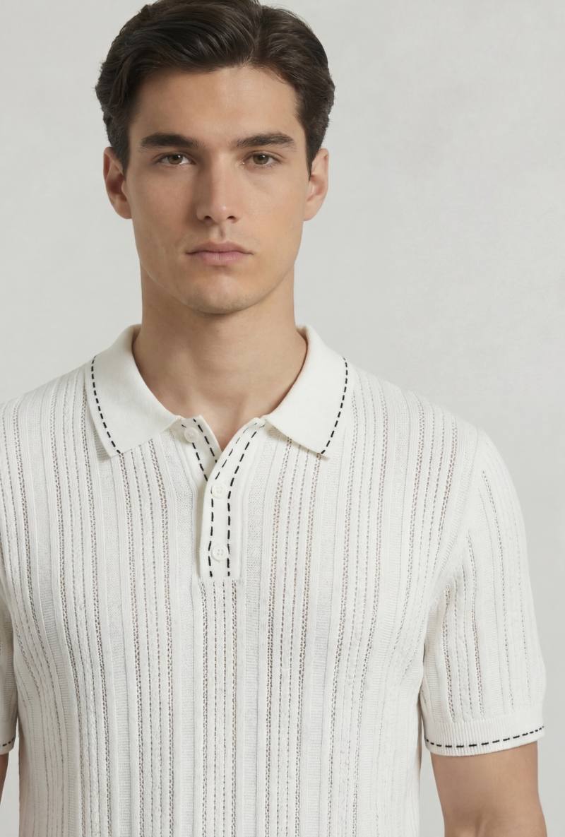 Front image of a model wearing Deep river button knit polo in white, by brand Deep