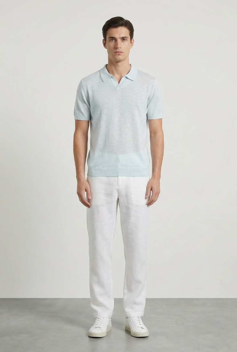 Front image of a model wearing Deep rocco open neck polo in light blue, by brand Deep