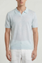 Front image of a model wearing the Deep rocco open neck polo in light blue, by brand Deep