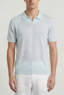 Front image of a model wearing the Deep rocco open neck polo in light blue, by brand Deep