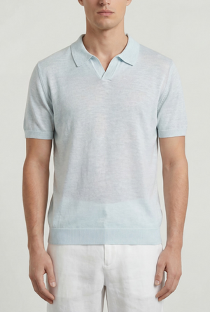 Front image of a model wearing the Deep rocco open neck polo in light blue, by brand Deep