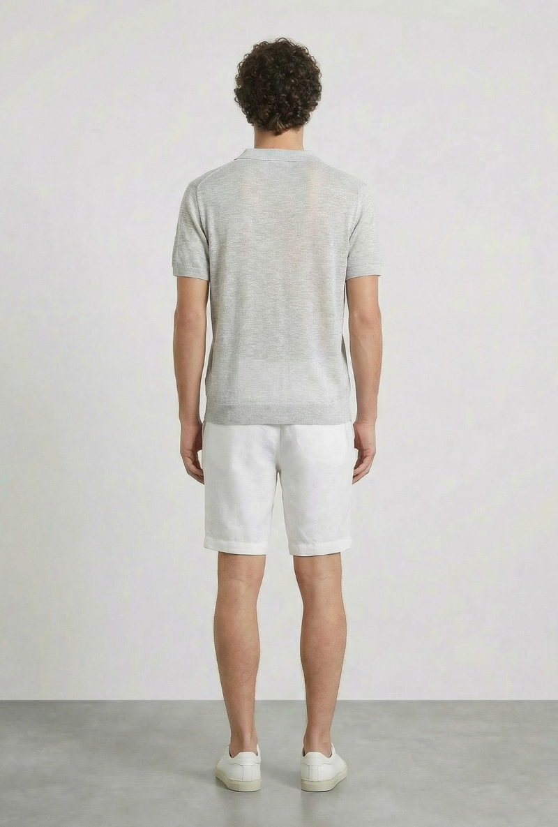 Back image of a model wearing Deep rocco open neck polo in light grey, by brand Deep