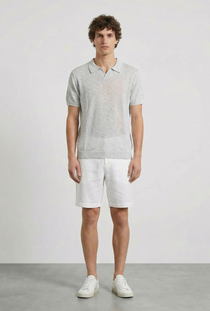 Front image of a model wearing the Deep rocco open neck polo in light grey, by brand Deep