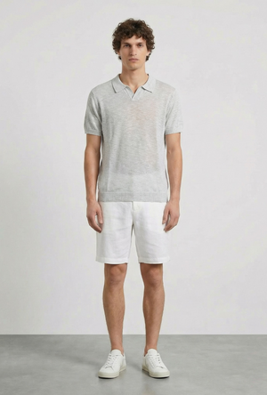 Front image of a model wearing the Deep rocco open neck polo in light grey, by brand Deep